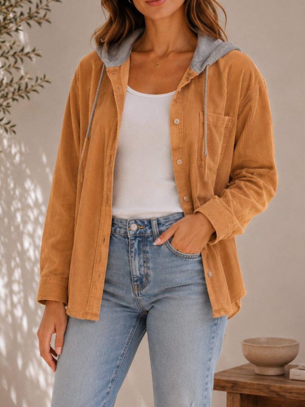 Corduroy Hooded Shirt Jacket Utility Chic Overshirt Casual Layering Shacket - Picture 1 of 10